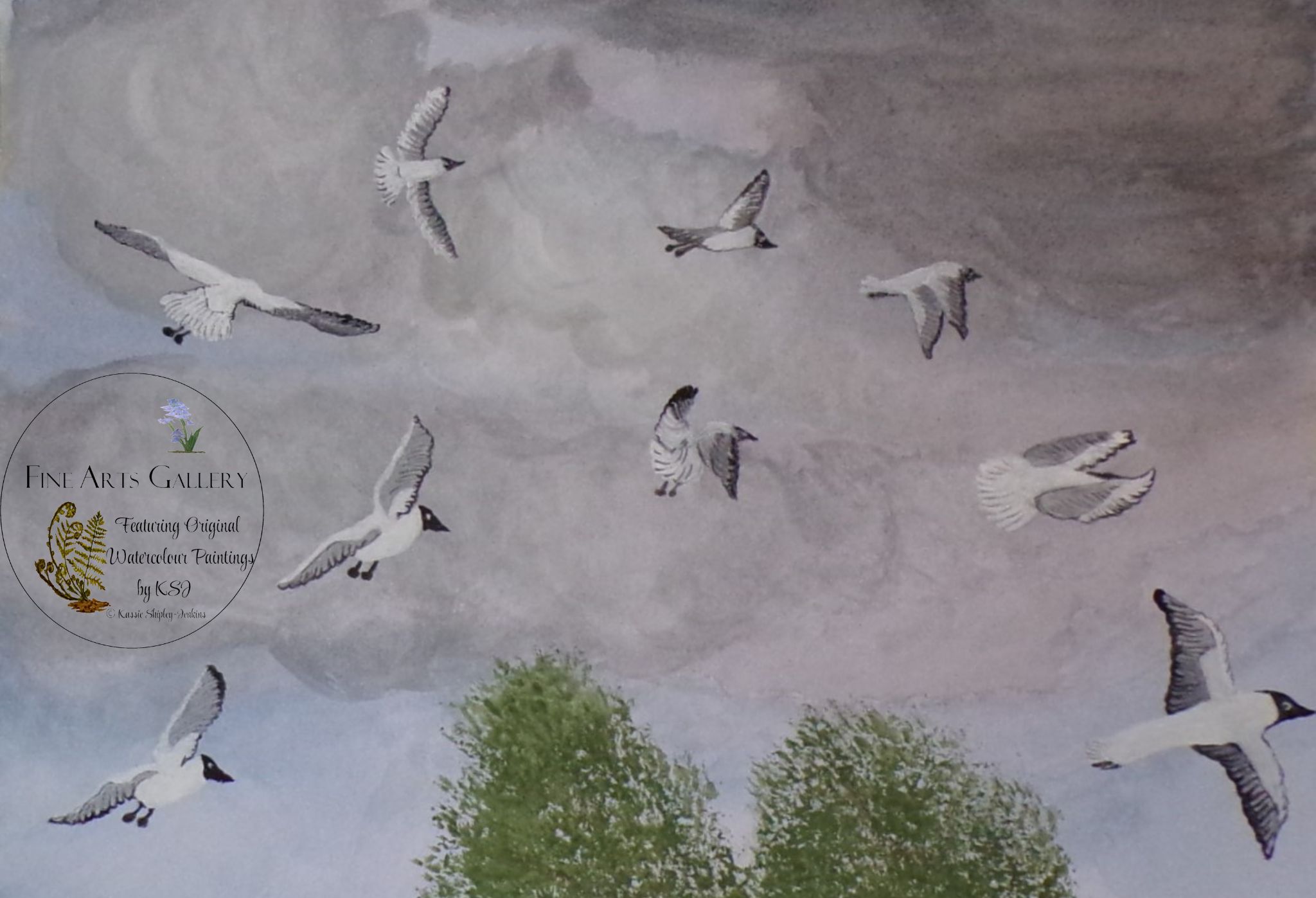 Woodland & Wildlife. Original Signed Wildlife Watercolour Painting of A Flock of Turns gliding in the stormy skies